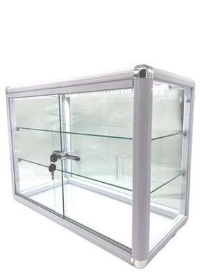 Elegant White Aluminum Display Table Top Tempered Glass Showcase W/ LED Lights