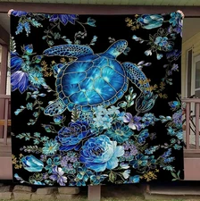 Cozy Blue Sea Turtle & Floral Pattern Flannel Throw Blanket - Fleece Blanket