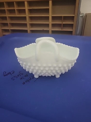 Vintage Fenton Milk Glass Hobnail Oval Basket Vase White Footed