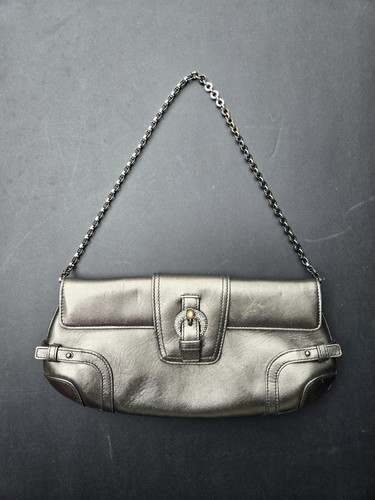 Salvatore Ferragamo Clutch Handtasche Leder grau Mettalic