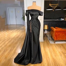 Off-shoulder Black Pageant Party Gown Luxury Pearls Evening Dress Formal Mermaid