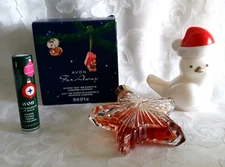 Avon Far Away Parfum Star, Santa Dove White Glass Decanter, Lip Balm Set of (3)