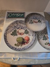 Tienshan Folk Craft Christmas Cabin in  snow set of 3, 2 bowls, 1 platter, w box