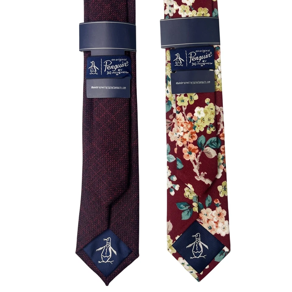 LOTE DE 2 corbatas ajustadas Penguin para hombre florales y borgoña modernas Foto 3 de 4