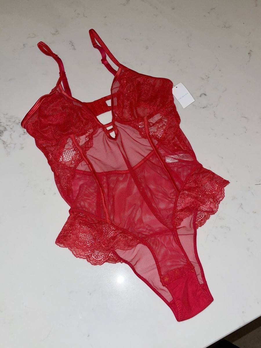BNWT PRIMARK RED LACE MESH LINGERIE STRAPPY BODYSUIT SIZE SMALL