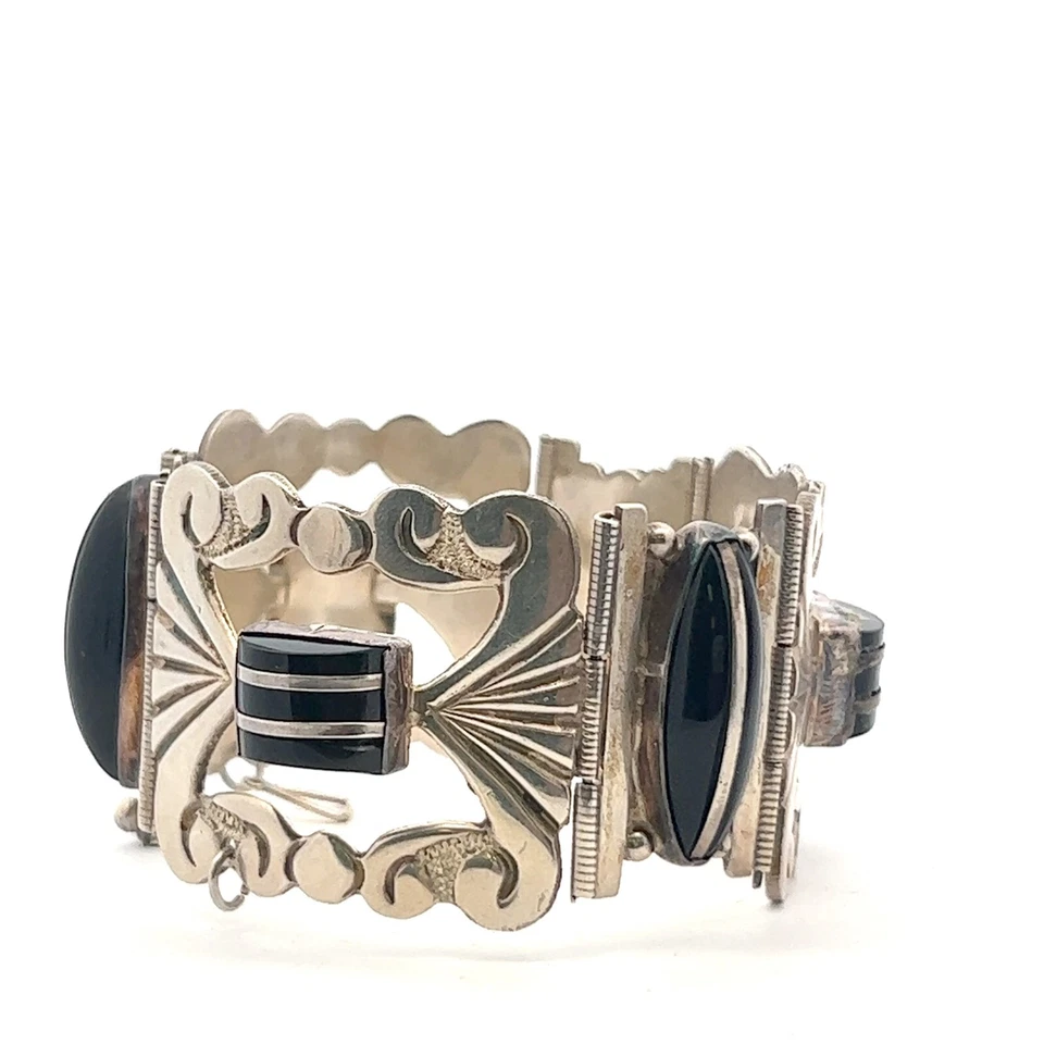 Mexico Argento Sterling Antico Scorrere Onice Nera Bracciale - Immagine 4 di 4