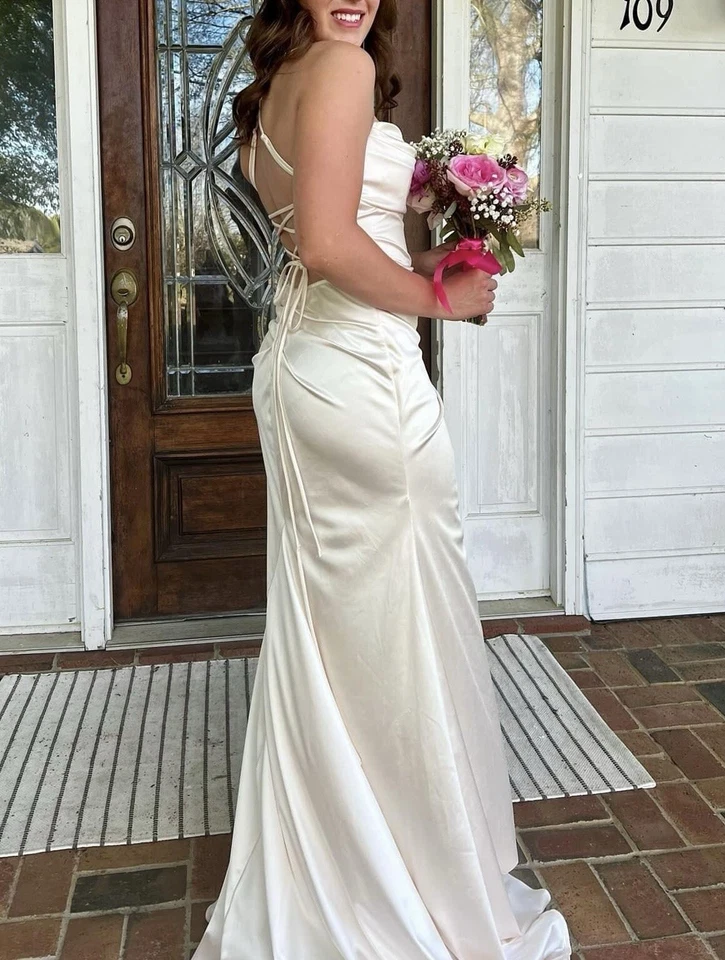 Windsor Ivory Satin Formal Prom Homecoming Gown Pageant Strappy Back Long Size S - Image 2 of 4