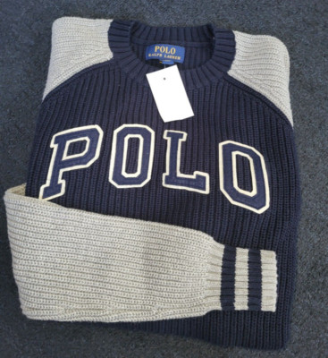 NEW BOY'S POLO RALPH LAUREN COLOR BLOCK BLUE GRAY CABLE KNIT SWEATER 14/16