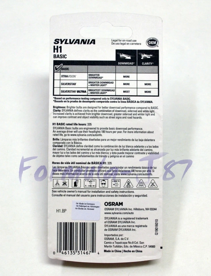 Sylvania Basic H1 55W Dos Bombillas Cabeza Halógena Luz Viga Baja Lámpara de Repuesto OE Foto 3 de 4