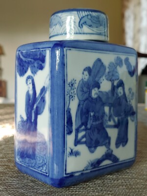 太平天国 青花磁器 文官武将聖母図　茶葉罐 茶壺　蓋欠無傷 古玩 骨董品 青花瓷太平天国文官武将圣母茶叶罐Chinese Blue White Porcelain