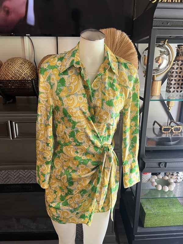 ZARA Wrap Blouse Womens A1 Yellow Retro Floral Satin Asymmetric Crossover XS