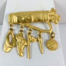 JJ Jonette Jewelry Signed Golf Brooch Charms Hat Flag Shoe Tee Ball Gold Tone