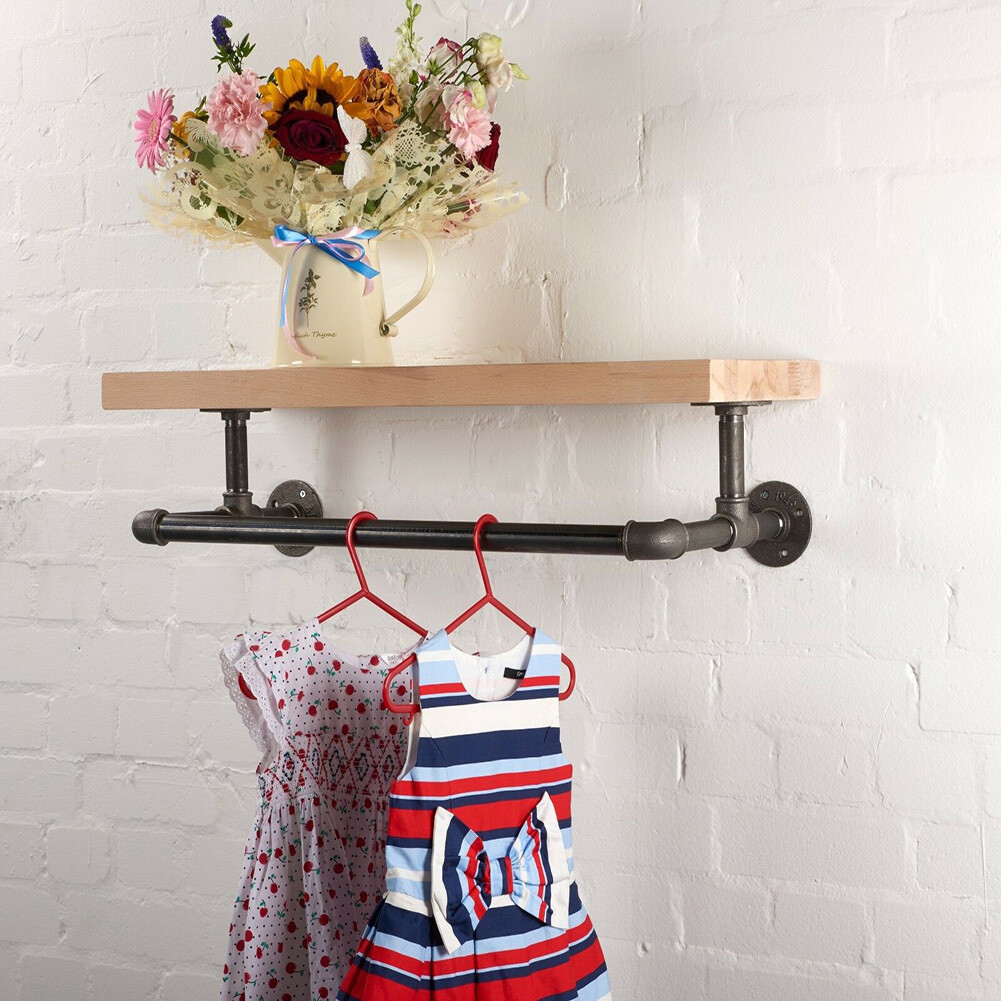 Industrial Clothes Rail with Shelf Wall Mounted Garment Hanging Rod