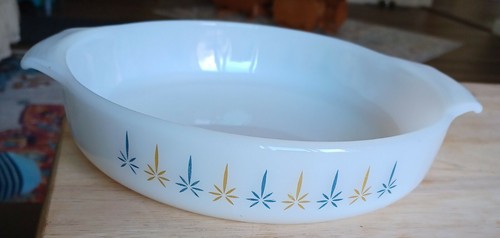 Vintage Retro Fire King Anchor Hocking Atomkerze leuchtend Tortenplatte Schale gepflegt