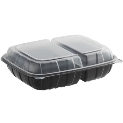 11 x 8 1/2 x 3'' Microwaveable 2-Compartment Black/Clear Plastic Hinged Container