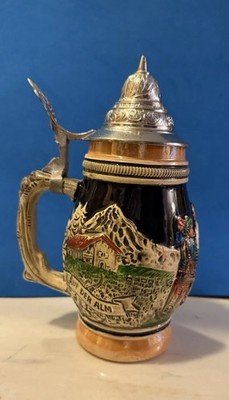 Vintage Western Germany ''Auf Der Alm, Da ist Es Schon'' Lidded Beer Mug Stein 7''