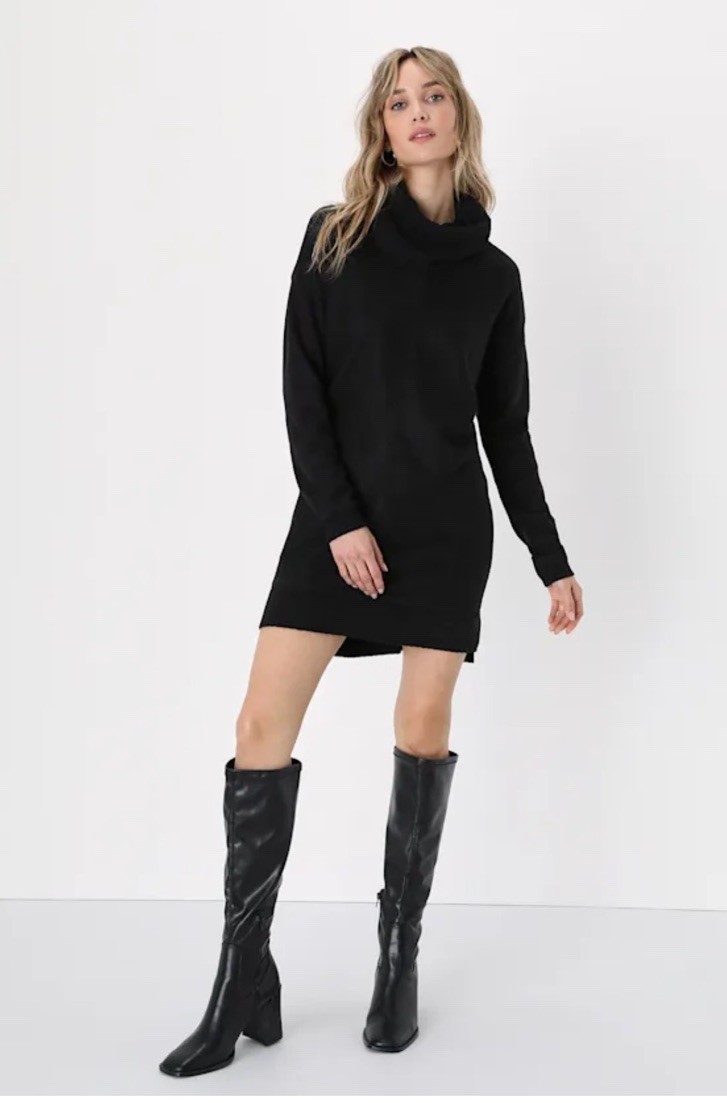 Lulus Black Cowl Neck Sweater Dress Cozy Minimalist XS