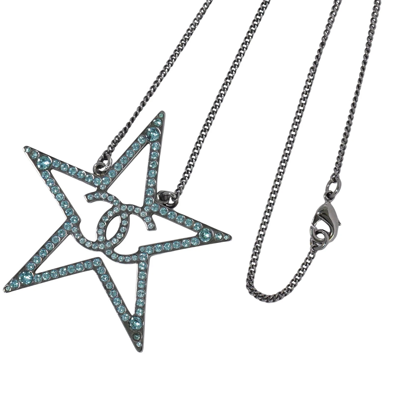 Collana CHANEL CC stella strass metallo tono argento blu