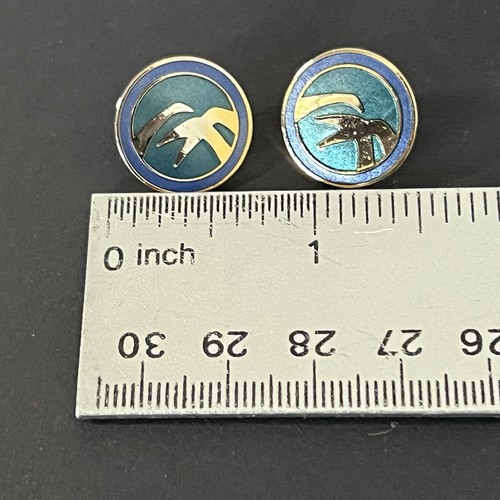 Pendientes de Colección Laurel Burch Circulares Tono Dorado Poste Azul ¿Pájaros Raros? LB Firmado - Imagen 5 de 11
