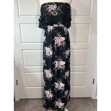 American Eagle Maxi Dress Medium Black Floral Strapless Lace Trim Boho Chic