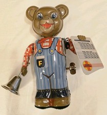 FOSSIL Railroad Conductor Tin Wind Up Bear T.K.TOYS JAPAN Vintage Bell Works