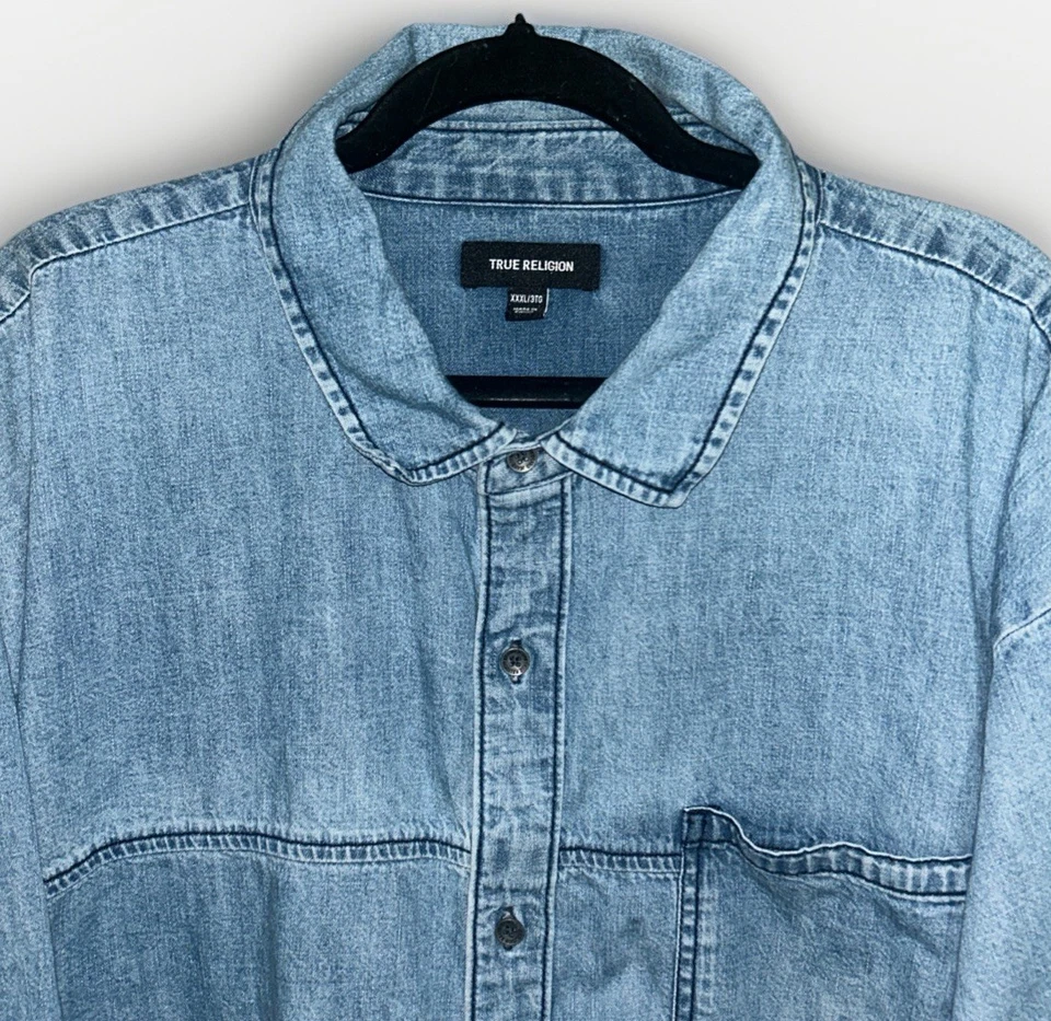 True Religion Oversized Denim Shirt Light Wash Long Sleeve Button Up Men’s 3XL - Image 3 of 4