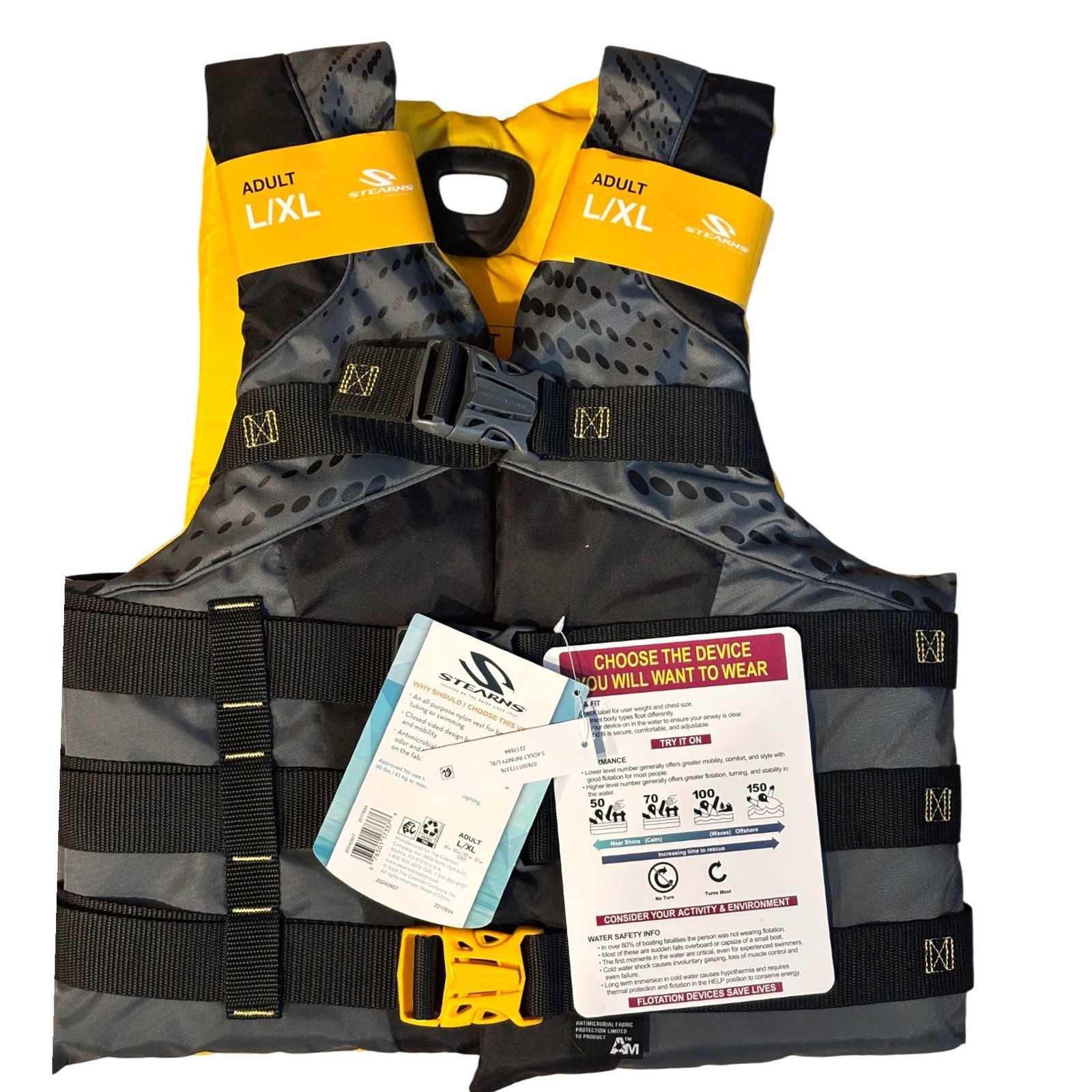 Stearns Adult L/XL Life Vest Yellow Nylon USCG Approved PFD 