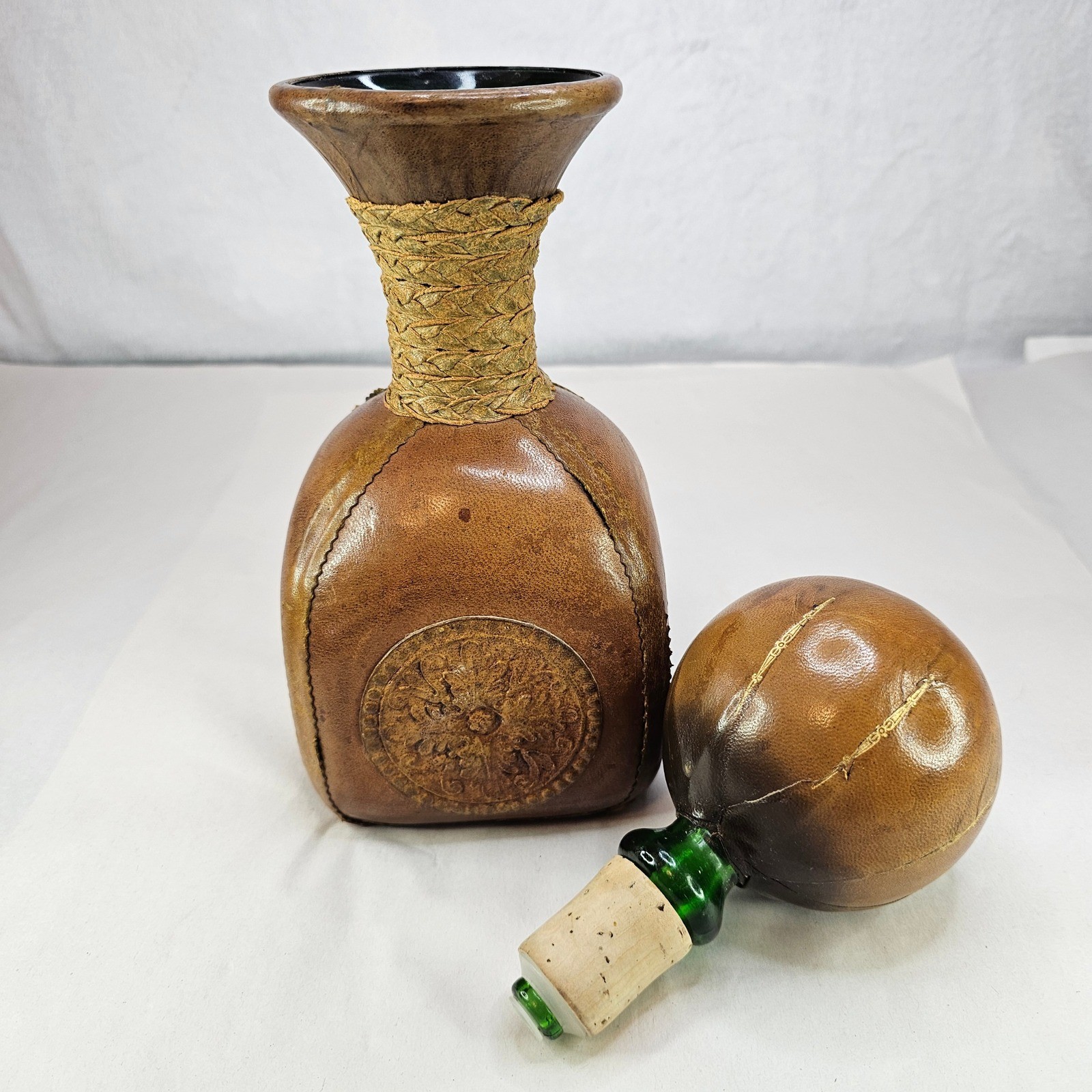Vintage Brown Leather Decanter Bottle w/ Ball Stopper Rustic Neck Made in Italy