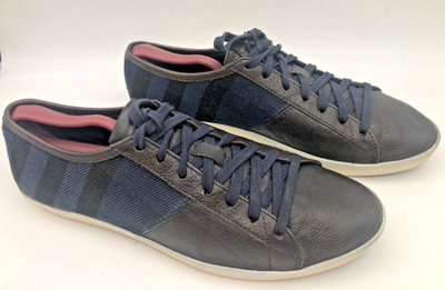 Burberry Low Top Sneakers Gray Leather Blue Canvas Check Men's Size EU 42 US 9