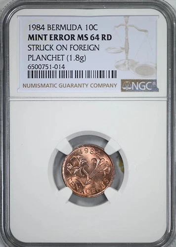 1984 Bermuda 10C Cents NGC Mint Error MS64RD - Struck on Foreign Planchet