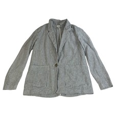 A New Day Womens Small Linen Blend Blazer Striped Blue White Coastal