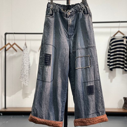 Women Denim Baggy Jeans Wide Leg Pants Retro Loose Casual Trousers Elastic Waist - Picture 9 of 12