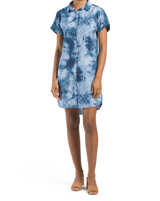 Cynthia Rowley Washable Linen Shirt Dress Tunic Button Front Tie Dye Blu  NWT$139