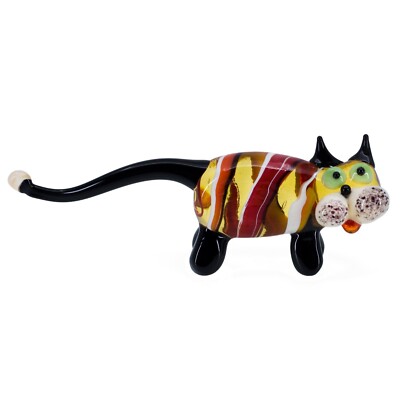 Lampwork Hand Blown Glass Striped Cat Figurine 5'' Long New