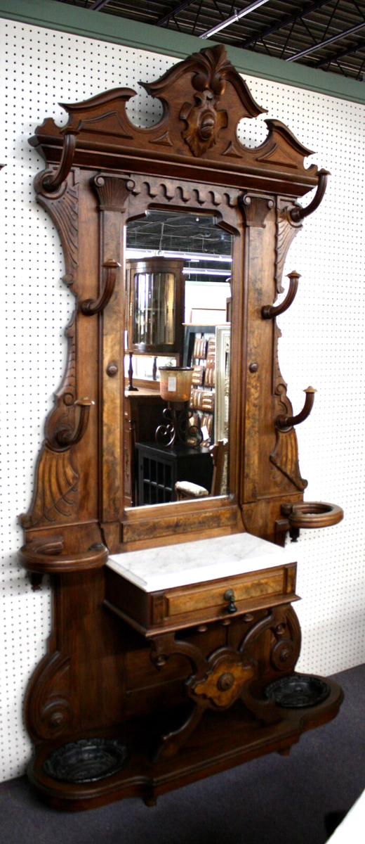 Antique Hall Tree:Carvings,Pediment,Columns,Stand w/Cast Iron