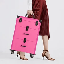 TOP Rolling Makeup Trolley Case Jewelry Travel Cosmetic Train Case with 4 Wheels