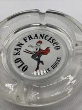 Vintage Advertising Ashtray Old San Francisco Steak House Clear Glass Swing Girl