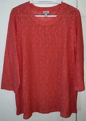 LOGO Layers Lori Goldstein  sunkissed coral  stretch lace 3/4 sleeve top LARGE