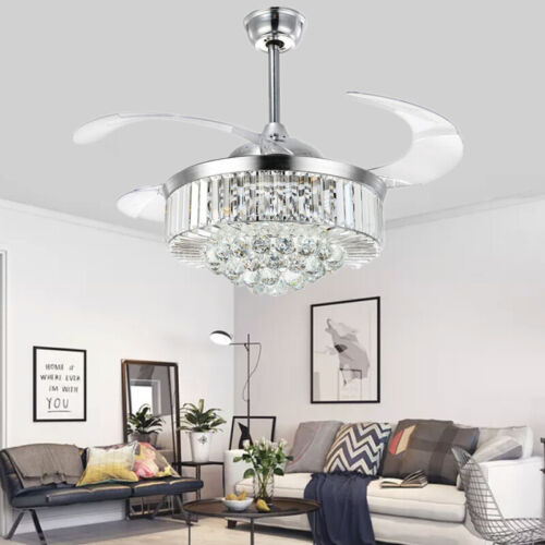 42" Silver Remote Invisible Ceiling Fans Lamps Crystal Led Chandeliers Lighting