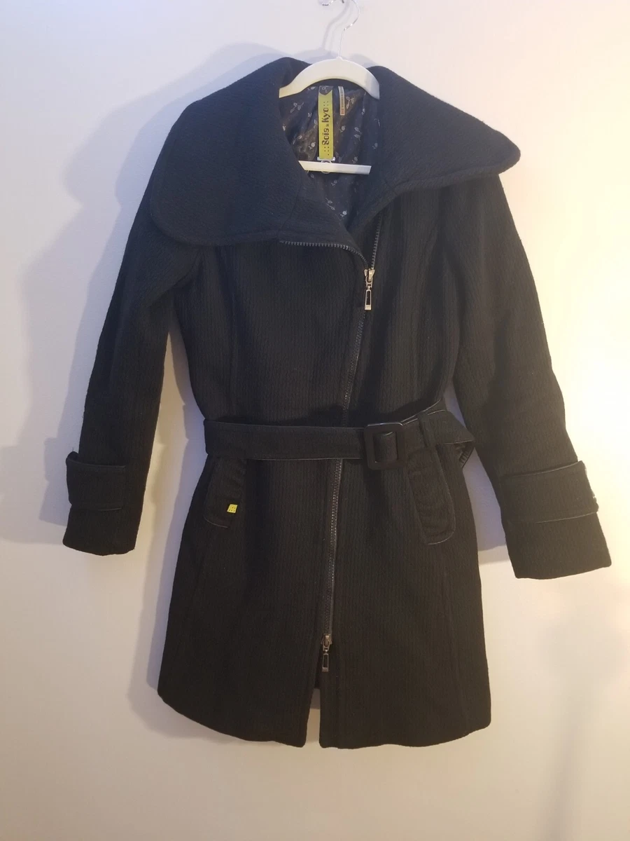 Soia Kyo Coat Belted Black blend Wool Pea Coat Large made in Canada