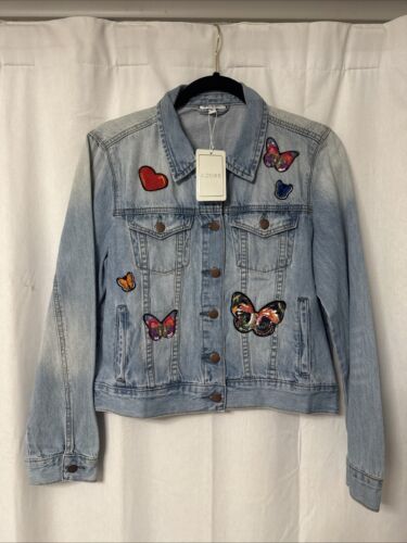 Adore Denim Jacket Butterflies Heart Patches Sz L NWT
