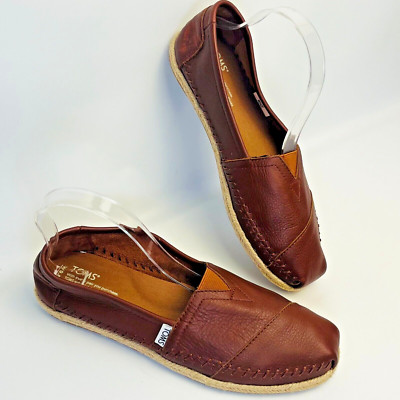 TOMS Brown Leather Slip on Espadrille Flat Sz W 9.5 Womens Rope Casual Loafers