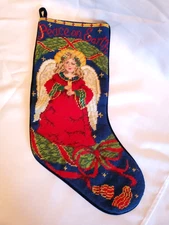 Needlepoint Christmas Stocking Wool Velvet Peace On Earth Angel