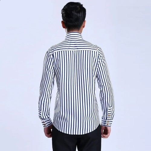 Mens Dress Shirts Clothes Luxury Casual Slim Striped Long Sleeves Cotton Shirts - Picture 4 of 7