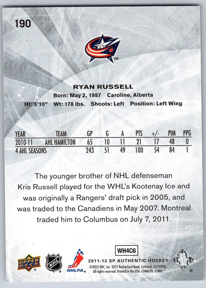 Ryan Russell 2011-12 SP Authentic Future Watch #190 Rookie RC Blue Jackets /999 - Image 2 of 2