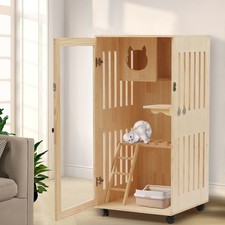 Large Wooden Indoor Cat Enclosure Catio Cage with Ramp and Covered Cat House Kit