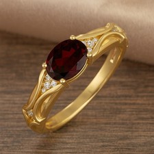 Classic Oval Garnet  Diamond Ring 14K Solid Gold January Birthstone  1055