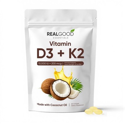 Real Good Essentials Vitamin D3 K2 300 Softgels Bone Heart Immune Support