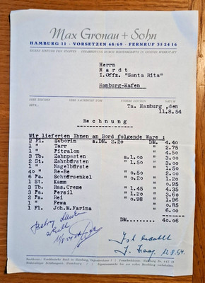 1954 DEUTSCHLAND - Vintage RECHNUNG Max Gronau HAMBURG Schiff Lieferschein