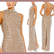 NWT Mac Duggal [ 2 ] 10907 Sequined High Neck Sleeveless Column Gown Taupe S966